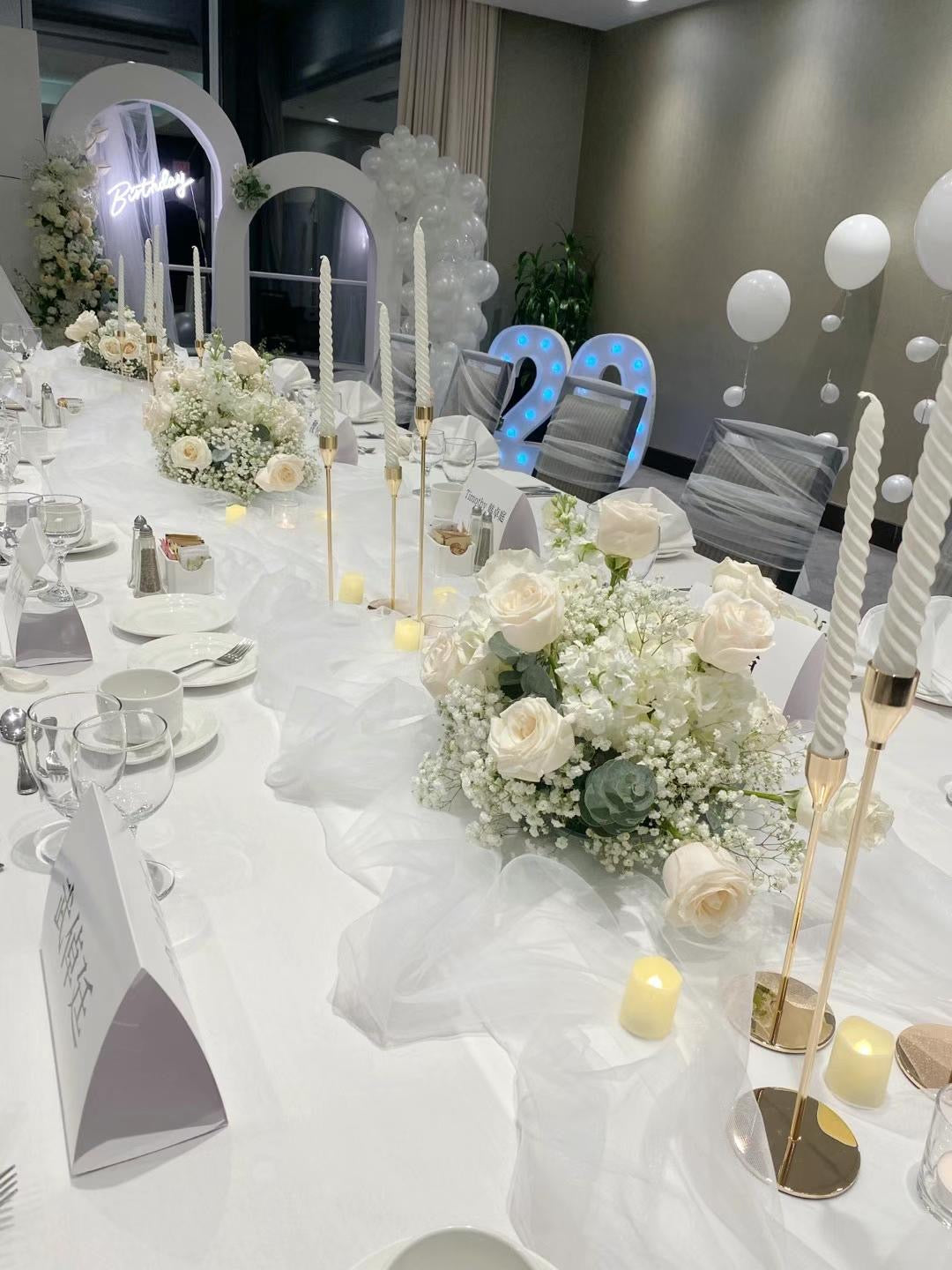 White Birthday package(including flowers and table set up)